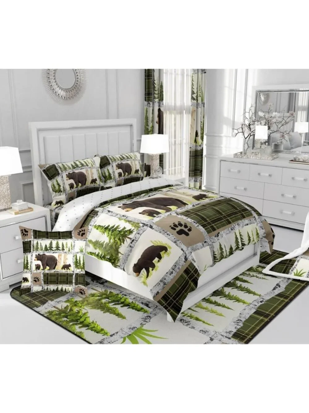 Kids Adult Rustic Cabin Comforter Set,Rustic Bear Bedding Set Toddler Size,Fores